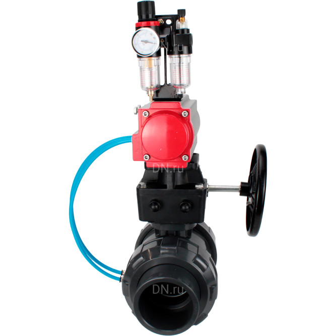 Кран шаровой BV4242E-FP-GRM-ISO Дн65 Ру10 полнопроходной, корпус - НПВХ, шар - НПВХ, уплотнение - EPDM, с пневмоприводом PA-DA-065, пневмораспределителем 4V320-08 AC220V, ручным дублером MON1-250-T26-ISO и БПВ AFC2000 в Алматы