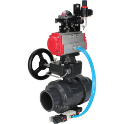 Кран шаровой BV4242E-FP-GRM-ISO Дн100 Ру10 полнопроходной, корпус - НПВХ, шар - НПВХ, уплотнение - EPDM, с пневмоприводом PA-DA-065, пневмораспределителем 4V320-08 AC220V, ручным дублером MON1-250-T26-ISO, БКВ APL-210N и БПВ AFC2000