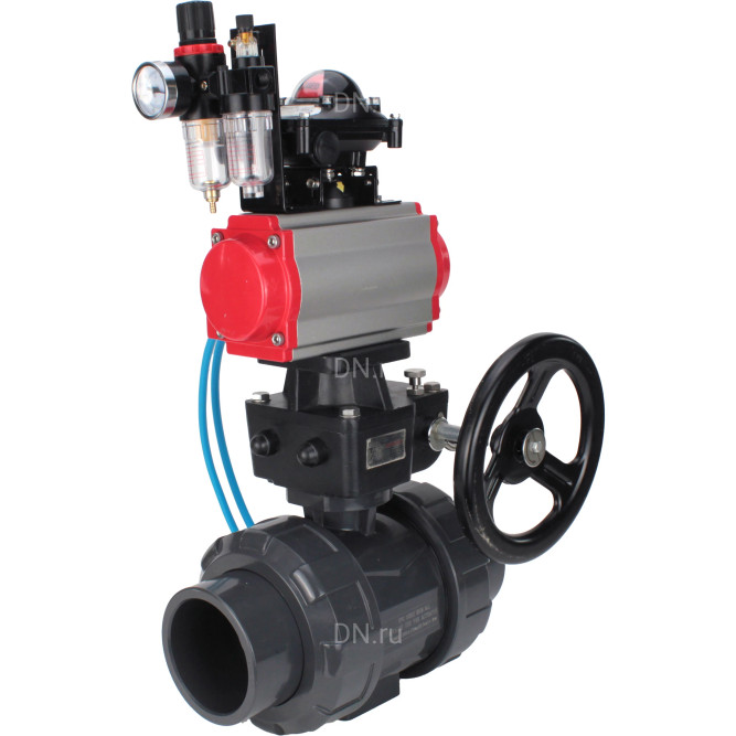 Кран шаровой BV4242E-FP-GRM-ISO Дн100 Ру10 полнопроходной, корпус - НПВХ, шар - НПВХ, уплотнение - EPDM, с пневмоприводом PA-DA-065, пневмораспределителем 4V320-08 AC220V, ручным дублером MON1-250-T26-ISO, БКВ APL-210N и БПВ AFC2000 в Алматы