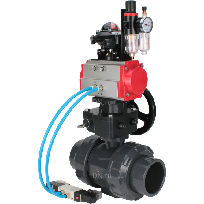 Кран шаровой BV4242E-FP-GRM-ISO Дн100 Ру10 полнопроходной, корпус - НПВХ, шар - НПВХ, уплотнение - EPDM, с пневмоприводом PA-DA-065, пневмораспределителем 4V320-08 AC220V, ручным дублером MON1-250-T26-ISO, БКВ APL-210N и БПВ AFC2000 в Алматы