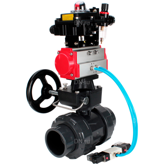 Кран шаровой BV4242E-FP-GRM-ISO Дн80 Ру10 полнопроходной, корпус - НПВХ, шар - НПВХ, уплотнение - EPDM, с пневмоприводом PA-DA-065, пневмораспределителем 4V320-10 AC220V, ручным дублером MON1-250-T26-ISO, БКВ APL-410N EX и БПВ AFC2000 в Алматы