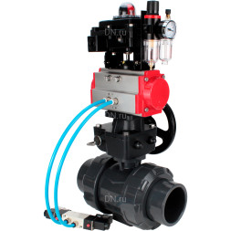 Кран шаровой BV4242E-FP-GRM-ISO Дн100 Ру10 полнопроходной, корпус - НПВХ, шар - НПВХ, уплотнение - EPDM, с пневмоприводом PA-DA-065, пневмораспределителем 4V320-10 AC220V, ручным дублером MON1-250-T26-ISO, БКВ APL-410N EX и БПВ AFC2000