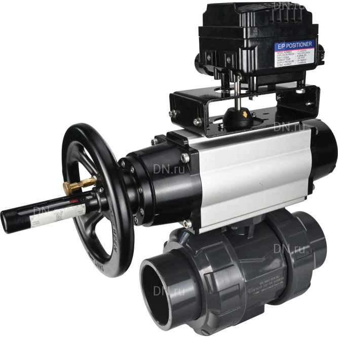 Кран шаровой BV4242E-FP-GRM-ISO Дн25 Ру10 полнопроходной, корпус - НПВХ, шар - НПВХ, уплотнение - EPDM, с пневмоприводом PA-DA-105-1 и пневмопозиционером YT-1000RSN без обратной связи в Алматы
