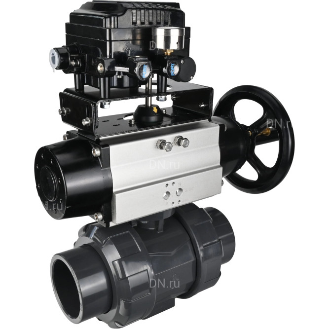 Кран шаровой BV4242E-FP-GRM-ISO Дн25 Ру10 полнопроходной, корпус - НПВХ, шар - НПВХ, уплотнение - EPDM, с пневмоприводом PA-DA-105-1 и пневмопозиционером YT-1000RSN без обратной связи в Алматы