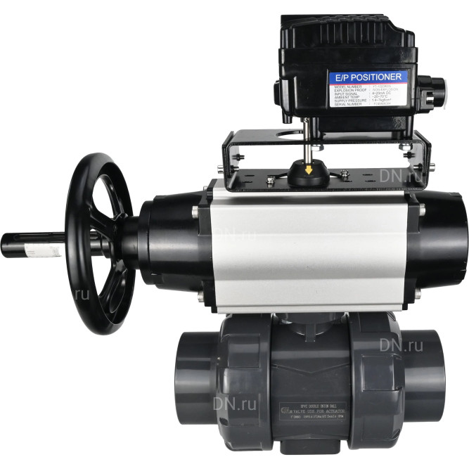 Кран шаровой BV4242E-FP-GRM-ISO Дн40 Ру10 полнопроходной, корпус - НПВХ, шар - НПВХ, уплотнение - EPDM, с пневмоприводом PA-DA-105-1 и пневмопозиционером YT-1000RSN с обратной связью в Алматы