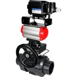 Кран шаровой BV4242E-FP-GRM-ISO Дн65 Ру10 полнопроходной, корпус - НПВХ, шар - НПВХ, уплотнение - EPDM, с пневмоприводом PA-DA-065, ручным дублером MON1-250-T26-ISO и пневмопозиционером YT-1000RSN без обратной связи