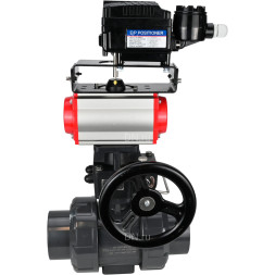 Кран шаровой BV4242E-FP-GRM-ISO Дн65 Ру10 полнопроходной, корпус - НПВХ, шар - НПВХ, уплотнение - EPDM, с пневмоприводом PA-DA-065, ручным дублером MON1-250-T26-ISO и пневмопозиционером YT-1000RSN без обратной связи