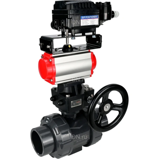 Кран шаровой BV4242E-FP-GRM-ISO Дн65 Ру10 полнопроходной, корпус - НПВХ, шар - НПВХ, уплотнение - EPDM, с пневмоприводом PA-DA-065, ручным дублером MON1-250-T26-ISO и пневмопозиционером YT-1000RSN без обратной связи в Алматы