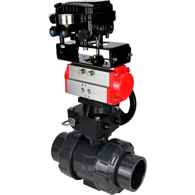 Кран шаровой BV4242E-FP-GRM-ISO Дн65 Ру10 полнопроходной, корпус - НПВХ, шар - НПВХ, уплотнение - EPDM, с пневмоприводом PA-DA-065, ручным дублером MON1-250-T26-ISO и пневмопозиционером YT-1000RSN без обратной связи в Алматы
