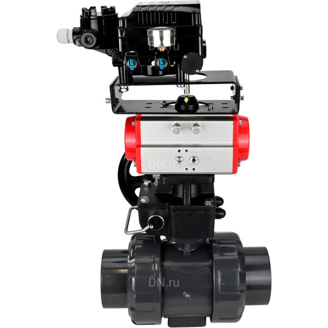 Кран шаровой BV4242E-FP-GRM-ISO Дн65 Ру10 полнопроходной, корпус - НПВХ, шар - НПВХ, уплотнение - EPDM, с пневмоприводом PA-DA-065, ручным дублером MON1-250-T26-ISO и пневмопозиционером YT-1000RSN без обратной связи в Алматы