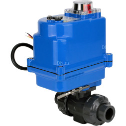 Кран шаровой BV4242E-FP-GRM-ISO Дн15 Ру10 полнопроходной, клеевой с разборным муфтовым соединением, корпус - НПВХ, шар - НПВХ, уплотнение - EPDM, с электроприводом QT-N-003EM-O1-24VDC-У1 blue