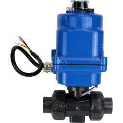 Кран шаровой BV4242E-FP-GRM-ISO Дн15 Ру10 полнопроходной, клеевой с разборным муфтовым соединением, корпус - НПВХ, шар - НПВХ, уплотнение - EPDM, с электроприводом QT-N-003EM-O1-24VDC-У1 blue
