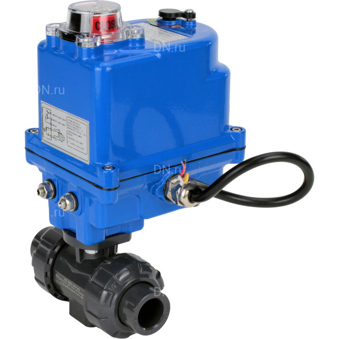 Кран шаровой BV4242E-FP-GRM-ISO Дн15 Ру10 полнопроходной, клеевой с разборным муфтовым соединением, корпус - НПВХ, шар - НПВХ, уплотнение - EPDM, с электроприводом QT-N-003EM-O1-24VDC-У1 blue в Алматы