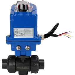 Кран шаровой BV4242E-FP-GRM-ISO Дн15 Ру10 полнопроходной, клеевой с разборным муфтовым соединением, корпус - НПВХ, шар - НПВХ, уплотнение - EPDM, с электроприводом QT-N-003EM-O1-24VDC-У1 blue