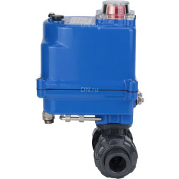Кран шаровой BV4242E-FP-GRM-ISO Дн15 Ру10 полнопроходной, клеевой с разборным муфтовым соединением, корпус - НПВХ, шар - НПВХ, уплотнение - EPDM, с электроприводом QT-N-003EM-O1-24VDC-У1 blue