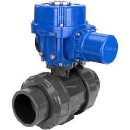 Кран шаровой BV4242E-FP-GRM-ISO Дн32 Ру10 полнопроходной, корпус - НПВХ, шар - НПВХ, уплотнение - EPDM, с электроприводом QT-N-005M-O2-380VAC-У1 с моментной муфтой и штурвалом