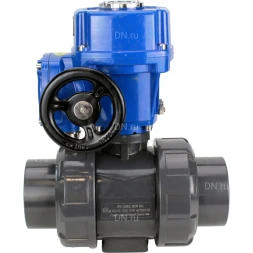 Кран шаровой BV4242E-FP-GRM-ISO Дн32 Ру10 полнопроходной, корпус - НПВХ, шар - НПВХ, уплотнение - EPDM, с электроприводом QT-N-005M-O2-380VAC-У1 с моментной муфтой и штурвалом