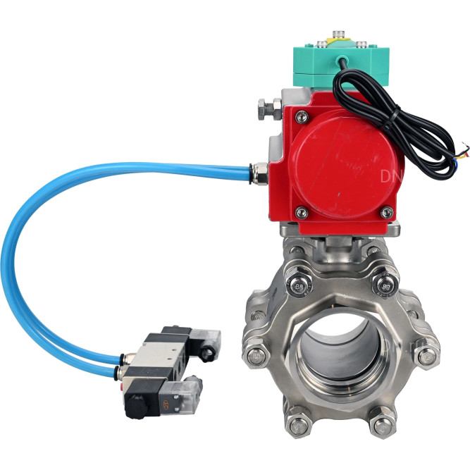 Кран шаровой BV3232P(3pc)-FP-SW-ISO-H Ду100 Ру63 полнопроходной, корпус - нержавеющая сталь SS316, под приварку, с пневмоприводом PA-DA-105, пневмораспределителем 4V320-10 AC220V, магнитным переключателем ALS200D в Алматы