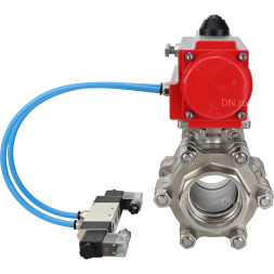 Кран шаровой BV3232P(3pc)-FP-SW-ISO-H Ду65 Ру63 полнопроходной, корпус - нержавеющая сталь SS316, под приварку, с пневмоприводом PA-SA-130, пневмораспределителем 4V320-08 AC220V