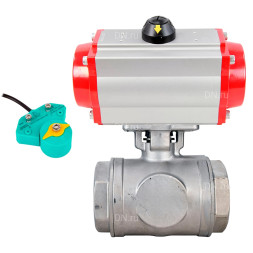 Кран шаровой BV3232P(4pc)-SP-3WT-T-ISO-H WDVF Ду25 Ру63 стандартнопроходной, 3-ходовой Т-тип, внутренняя резьба, корпус - нержавеющая сталь AISI 316, уплотнение - PTFE, с пневмоприводом PA-DA-065 и магнитным переключателем ALS200D