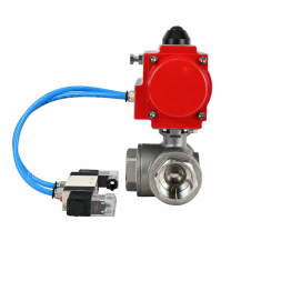 Кран шаровой BV3232P(4pc)-SP-3WL-T-ISO-H WDVF Ду40 Ру63 стандартнопроходной, 3-ходовой L-тип, внутренняя резьба, корпус - нержавеющая сталь AISI 316, уплотнение - PTFE, с пневмоприводом PA-SA-130 и пневмораспределителем 4V320-08 AC220V