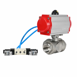 Кран шаровой BV3232P(4pc)-SP-3WL-T-ISO-H WDVF Ду40 Ру63 стандартнопроходной, 3-ходовой L-тип, внутренняя резьба, корпус - нержавеющая сталь AISI 316, уплотнение - PTFE, с пневмоприводом PA-SA-130 и пневмораспределителем 4V320-08 AC220V
