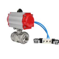 Кран шаровой BV3232P(4pc)-SP-3WL-T-ISO-H WDVF Ду40 Ру63 стандартнопроходной, 3-ходовой L-тип, внутренняя резьба, корпус - нержавеющая сталь AISI 316, уплотнение - PTFE, с пневмоприводом PA-SA-130 и пневмораспределителем 4V320-08 AC220V