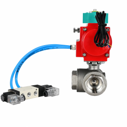 Кран шаровой BV3232P(4pc)-SP-3WL-T-ISO-H WDVF Ду40 Ру63 стандартнопроходной, 3-ходовой L-тип, внутренняя резьба, нержавеющая сталь AISI 316, с пневмоприводом PA-DA-083, пневмораспределителем 4V320-08 AC220V и магнитным переключателем ALS200D