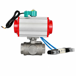 Кран шаровой BV3232P(4pc)-SP-3WL-T-ISO-H WDVF Ду40 Ру63 стандартнопроходной, 3-ходовой L-тип, внутренняя резьба, нержавеющая сталь AISI 316, с пневмоприводом PA-DA-083, пневмораспределителем 4V320-08 AC220V и магнитным переключателем ALS200D