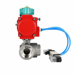 Кран шаровой BV3232P(4pc)-SP-3WL-T-ISO-H WDVF Ду40 Ру63 стандартнопроходной, 3-ходовой L-тип, внутренняя резьба, нержавеющая сталь AISI 316, с пневмоприводом PA-DA-083, пневмораспределителем 4V320-08 AC220V и магнитным переключателем ALS200D