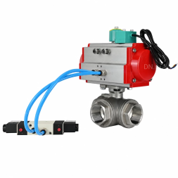 Кран шаровой BV3232P(4pc)-SP-3WL-T-ISO-H WDVF Ду65 Ру40 стандартнопроходной, 3-ходовой L-тип, внутренняя резьба, нержавеющая сталь AISI 316, с пневмоприводом PA-DA-105, пневмораспределителем 4V320-08 AC220V и магнитным переключателем ALS200D