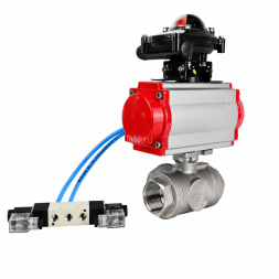 Кран шаровой BV3232P(4pc)-SP-3WL-T-ISO-H WDVF Ду65 Ру40 стандартнопроходной, 3-ходовой L-тип, внутренняя резьба, нержавеющая сталь AISI 316, PTFE, с пневмоприводом PA-DA-105, пневмораспределителем 4V320-08 AC220V и БКВ APL-210N