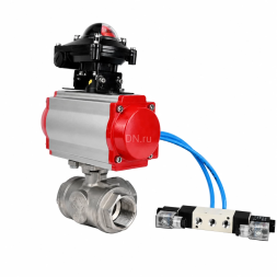 Кран шаровой BV3232P(4pc)-SP-3WL-T-ISO-H WDVF Ду40 Ру63 стандартнопроходной, 3-ходовой L-тип, внутренняя резьба, нержавеющая сталь AISI 316, PTFE, с пневмоприводом PA-DA-083, пневмораспределителем 4V320-10 AC220V и БКВ APL-210N