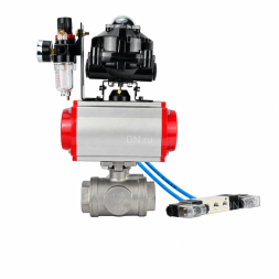 Кран шаровой BV3232P(4pc)-SP-3WL-T-ISO-H WDVF Ду32 Ру63 стандартнопроходной, 3-ходовой L-тип, внутренняя резьба, нержавеющая сталь AISI 316, PTFE, с пневмоприводом PA-DA-083, пневмораспределителем 4V320-10 AC220V, БКВ APL-510N EX и БПВ AFC2000