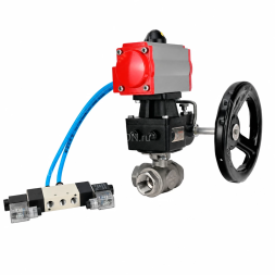 Кран шаровой BV3232P(4pc)-SP-3WT-T-ISO-H WDVF Ду25 Ру63 стандартнопроходной, 3-ходовой Т-тип, внутренняя резьба, нержавеющая сталь AISI 316, с пневмоприводом PA-DA-065, пневмораспределителем 4V320-08 AC220V и ручным дублером MON1-250-T26-ISO