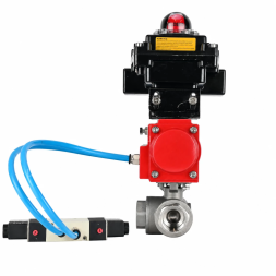 Кран шаровой BV3232P(4pc)-SP-3WT-T-ISO-H WDVF Ду25 Ру63 стандартнопроходной, 3-ходовой Т-тип, внутренняя резьба, нержавеющая сталь AISI 316, PTFE, с пневмоприводом PA-DA-065, пневмораспределителем 4V320-10 AC220V и БКВ APL-410N EX