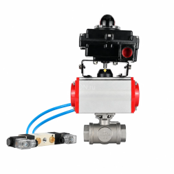 Кран шаровой BV3232P(4pc)-SP-3WT-T-ISO-H WDVF Ду25 Ру63 стандартнопроходной, 3-ходовой Т-тип, внутренняя резьба, нержавеющая сталь AISI 316, PTFE, с пневмоприводом PA-DA-065, пневмораспределителем 4V320-10 AC220V и БКВ APL-410N EX