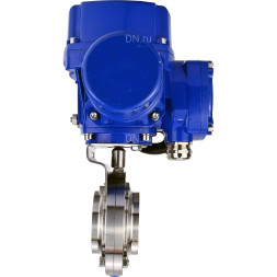 Затвор дисковый поворотный WBV3131E-2W-W-H Ду80 Ру10 под приварку, корпус - пищевая нержавеющая сталь 304, уплотнение - EPDM, с электроприводом QT-N-005M-O2-220VAC-У1 с моментной муфтой и штурвалом