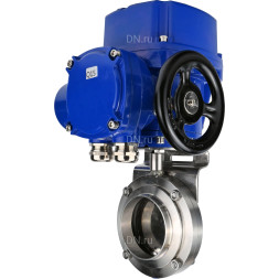 Затвор дисковый поворотный WBV3131E-2W-W-H Ду80 Ру10 под приварку, корпус - пищевая нержавеющая сталь 304, уплотнение - EPDM, с электроприводом QT-N-005M-O2-220VAC-У1 с моментной муфтой и штурвалом
