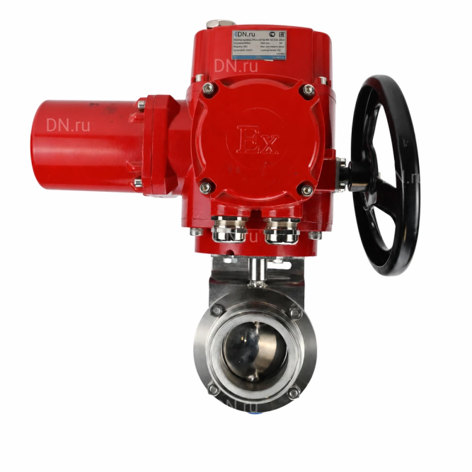 Затвор дисковый поворотный WBV3131S-2W-C-H Ду20 Ру10 кламповый, корпус - пищевая нержавеющая сталь 304, уплотнение - Silicon, с электроприводом QT-EX-005M-O2-220VAC-У1 с моментной муфтой и штурвалом в Алматы