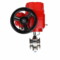 Затвор дисковый поворотный WBV3131S-2W-C-H Ду25 Ру10 кламповый, корпус - пищевая нержавеющая сталь 304, уплотнение - Silicon, с электроприводом QT-EX-005M-O2-220VAC-У1 с моментной муфтой и штурвалом