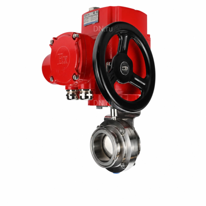 Затвор дисковый поворотный WBV3131S-2W-C-H Ду25 Ру10 кламповый, корпус - пищевая нержавеющая сталь 304, уплотнение - Silicon, с электроприводом QT-EX-005M-O2-220VAC-У1 с моментной муфтой и штурвалом в Алматы