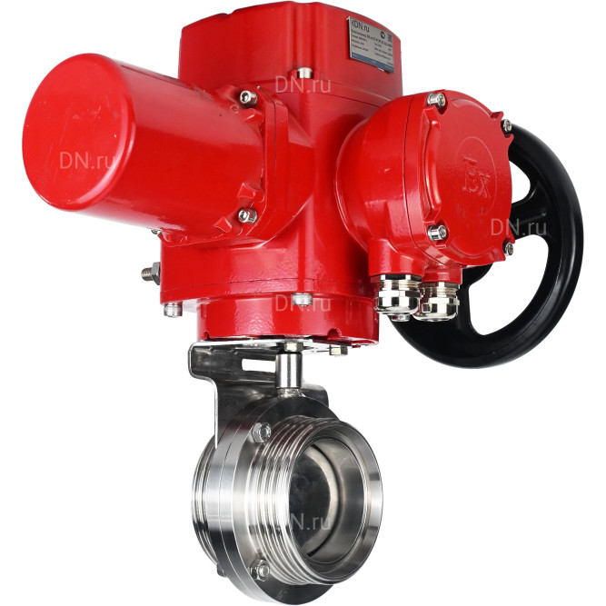 Затвор дисковый поворотный WBV3131E-2W-T-H Ду15 Ру10 резьбовой, корпус - пищевая нержавеющая сталь 304, уплотнение - EPDM, с электроприводом QT-EX-005M-O2-220VAC-У1 с моментной муфтой и штурвалом в Алматы