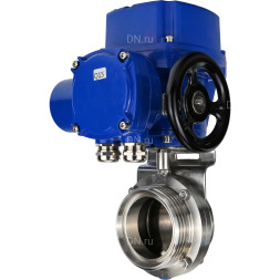 Затвор дисковый поворотный WBV3131E-2W-T-H Ду15 Ру10 резьбовой, корпус - пищевая нержавеющая сталь 304, уплотнение - EPDM, с электроприводом QT-N-005M-O2-380VAC-У1 с моментной муфтой и штурвалом