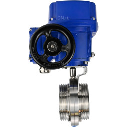 Затвор дисковый поворотный WBV3131E-2W-T-H Ду25 Ру10 резьбовой, корпус - пищевая нержавеющая сталь 304, уплотнение - EPDM, с электроприводом QT-N-005M-O2-380VAC-У1 с моментной муфтой и штурвалом
