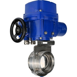 Затвор дисковый поворотный WBV3131E-2W-T-H Ду25 Ру10 резьбовой, корпус - пищевая нержавеющая сталь 304, уплотнение - EPDM, с электроприводом QT-N-005M-O2-380VAC-У1 с моментной муфтой и штурвалом