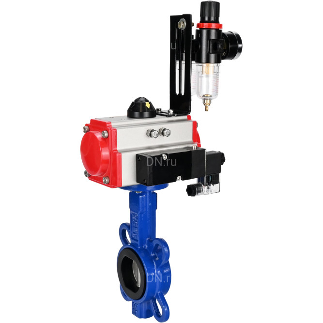 Затвор дисковый поворотный WBV1432N-2W-Fb-H Ду125 Ру16, корпус - чугун GGG50, диск - нержавеющая сталь 316L, уплотнение - NBR, с пневмоприводом PA-DA-105 двойного действия, пневмораспределителем 4M310-08 DC24V, БПВ AFC2000 в Алматы