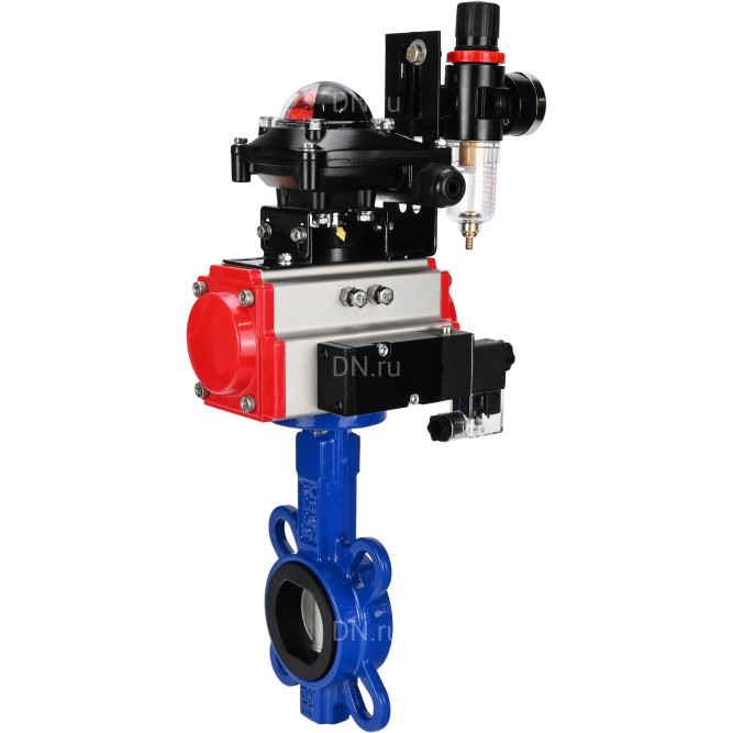 Затвор дисковый поворотный WBV1432N-2W-Fb-H Ду100 Ру16, корпус - чугун GGG50, диск - нержавеющая сталь 316L, уплотнение - NBR, с пневмоприводом PA-DA-083, пневмораспределителем 4M310-08 AC220V, БКВ APL-210N, БПВ AFC2000 в Алматы