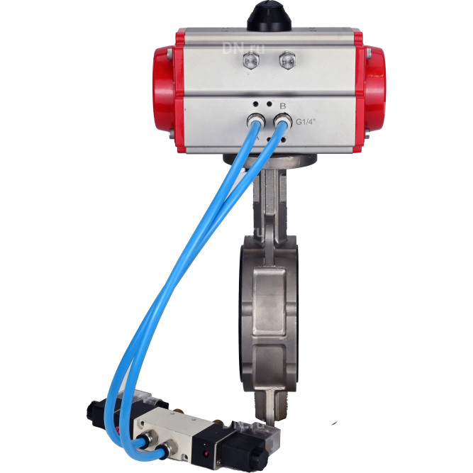 Затвор дисковый поворотный WBV3232N-2W-Fb-H Ду125 Ру16, корпус - нержавеющая сталь 316L, диск - нержавеющая сталь 316L, уплотнение - NBR, с пневмоприводом PA-SA-130 с возвратными пружинами, с пневмораспределителем 4V320-10 AC220V в Алматы