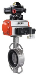 Затвор дисковый поворотный WBV3232N-2W-Fb-H Ду65 Ру16, корпус - нержавеющая сталь 316L, диск - нержавеющая сталь 316L, уплотнение - NBR, с пневмоприводом PA-SA-105 с возвратными пружинами, с пневмораспределителем 4V320-10 AC220V, с БКВ APL-210N